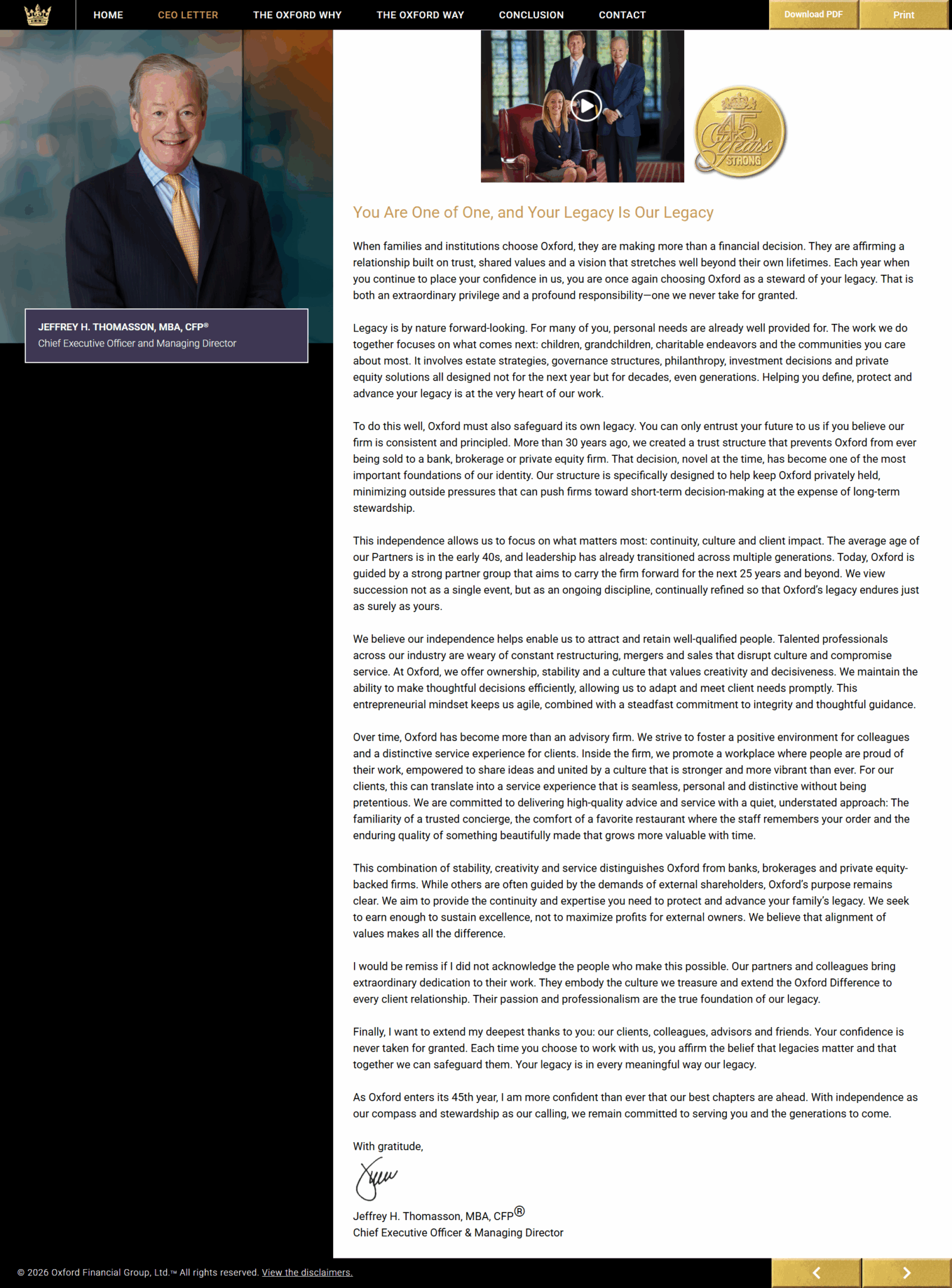 CEO Letter - Oxford Financial Group Annual Report – 2026